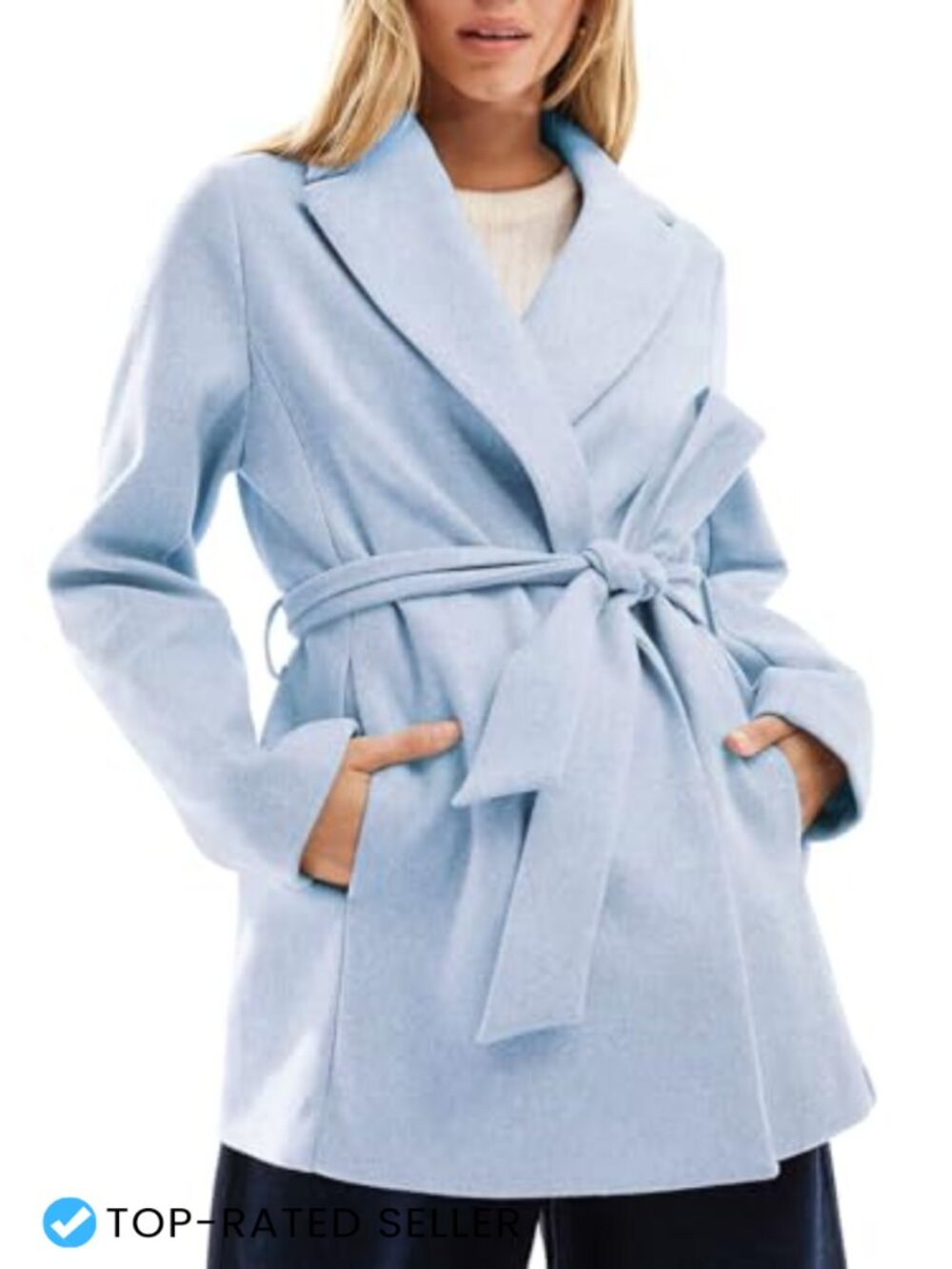 Wool Blend Pea Coat Belted Notched Lapel Trench Coat Slim Fit Pockets